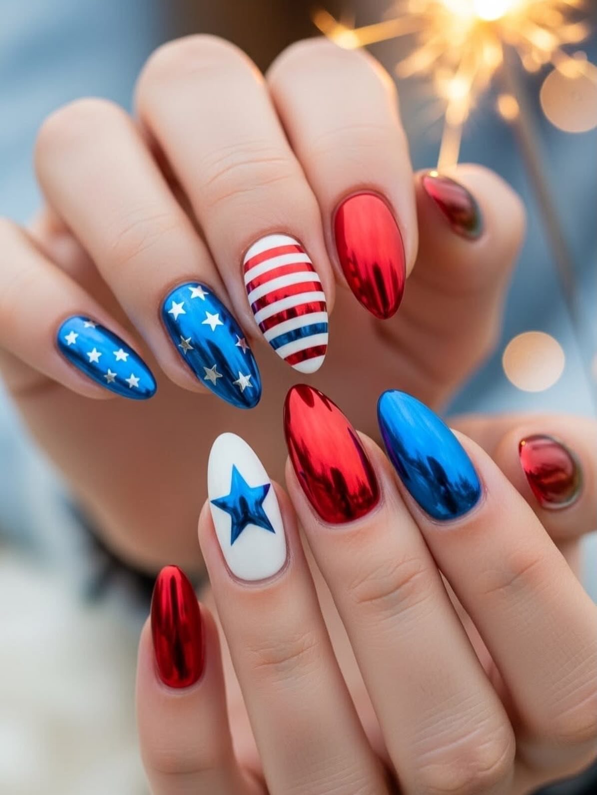 Red, white, and blue patriotic nail art with stars and stripes and metallic finishes.
