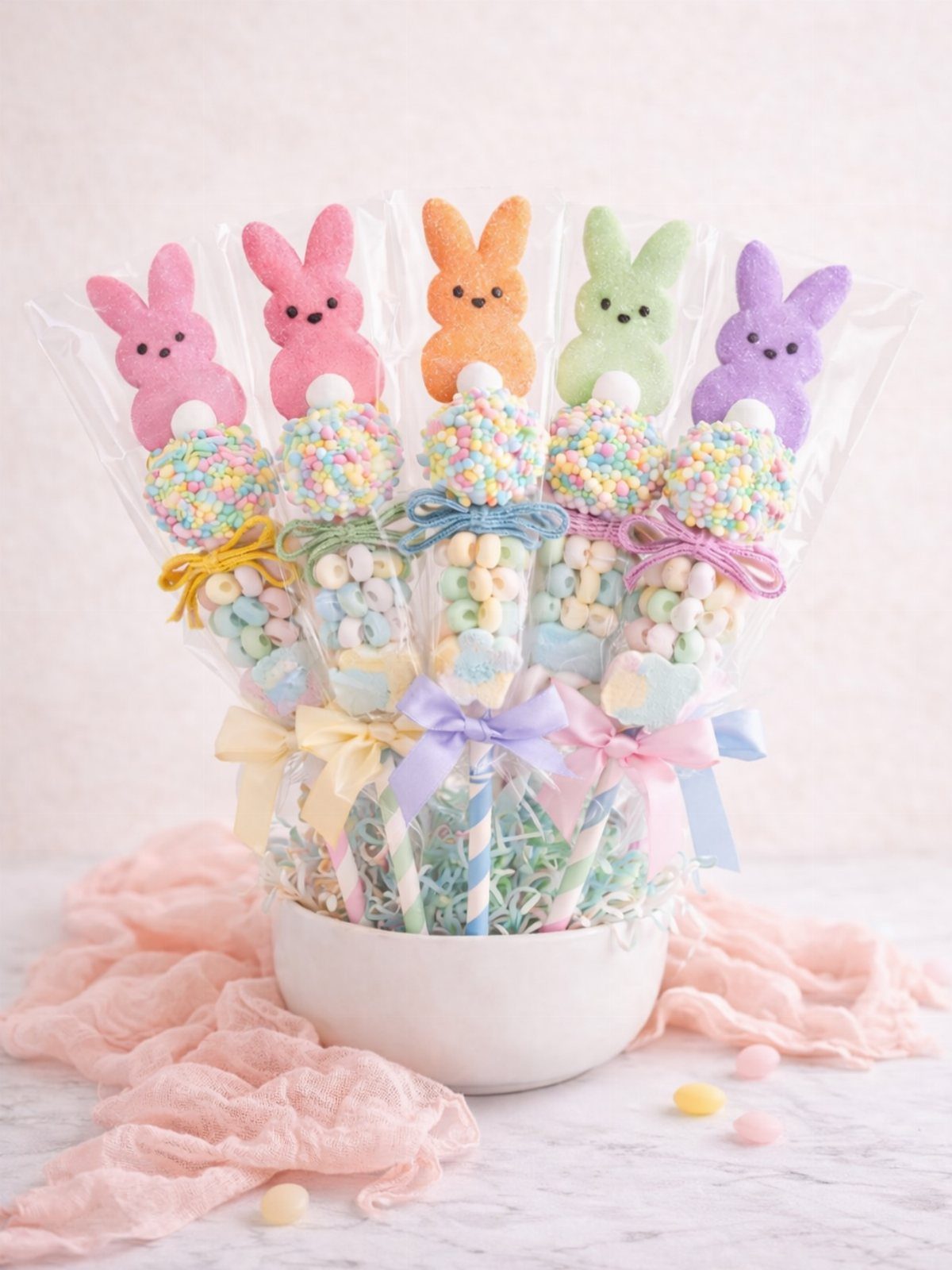 Candy bouquet with bunny marshmallow toppers and pastel treats in a white bowl