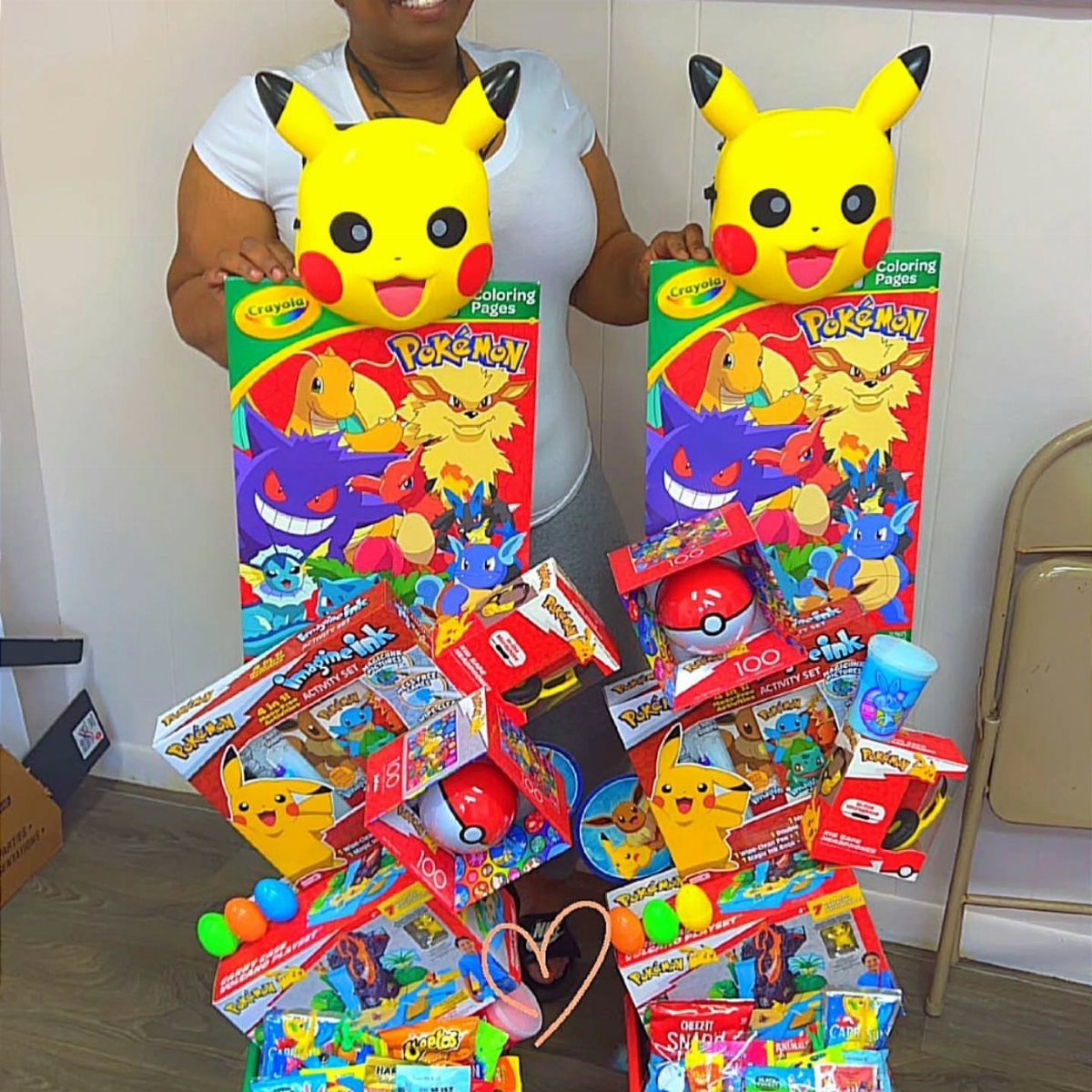 Pokémon themed Easter baskets featuring Pikachu heads, coloring books, and colorful plastic eggs.