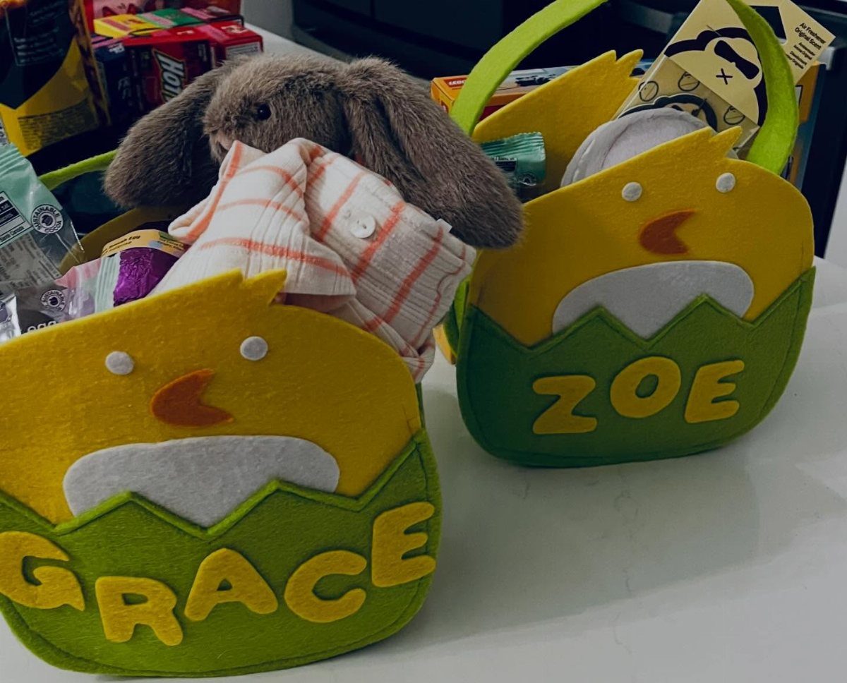 Two felt chick-shaped Easter baskets filled with a stuffed bunny and treats.
