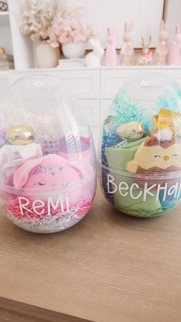 Clear plastic egg containers filled with Easter treats and personalized with names.