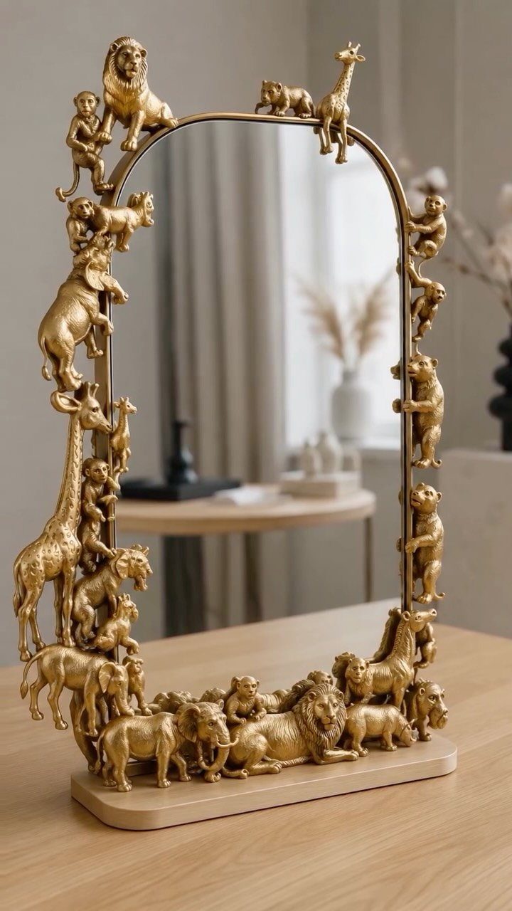 Gold mirror with a frame of sculpted animals on a wooden table