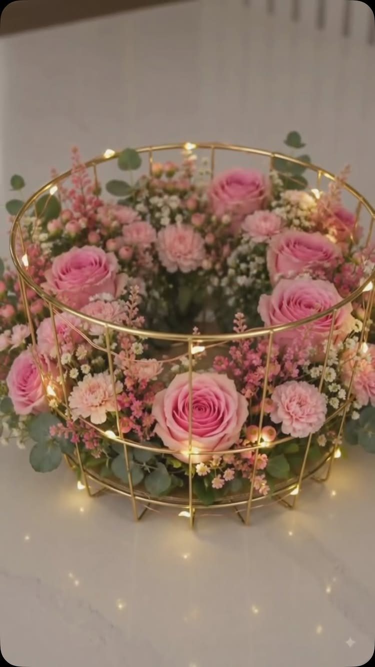 Gold wire basket of pink roses and carnations entwined with glowing fairy lights.
