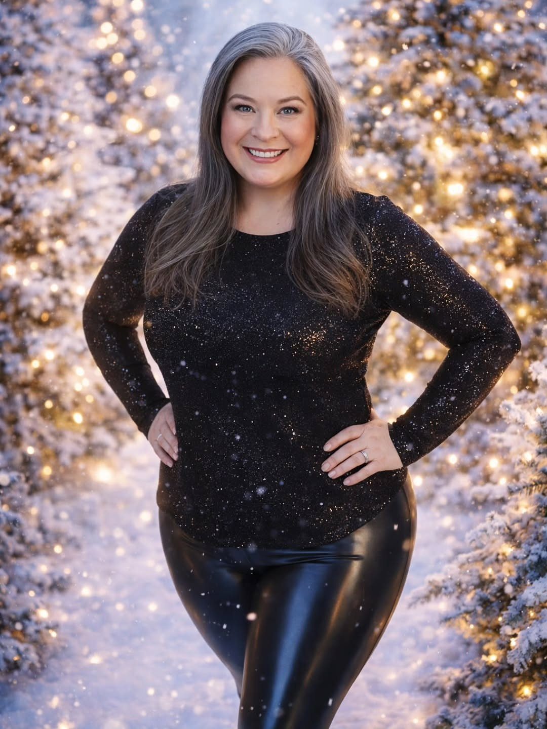 Woman wearing a black sparkly top and leather leggings among snowy lit trees