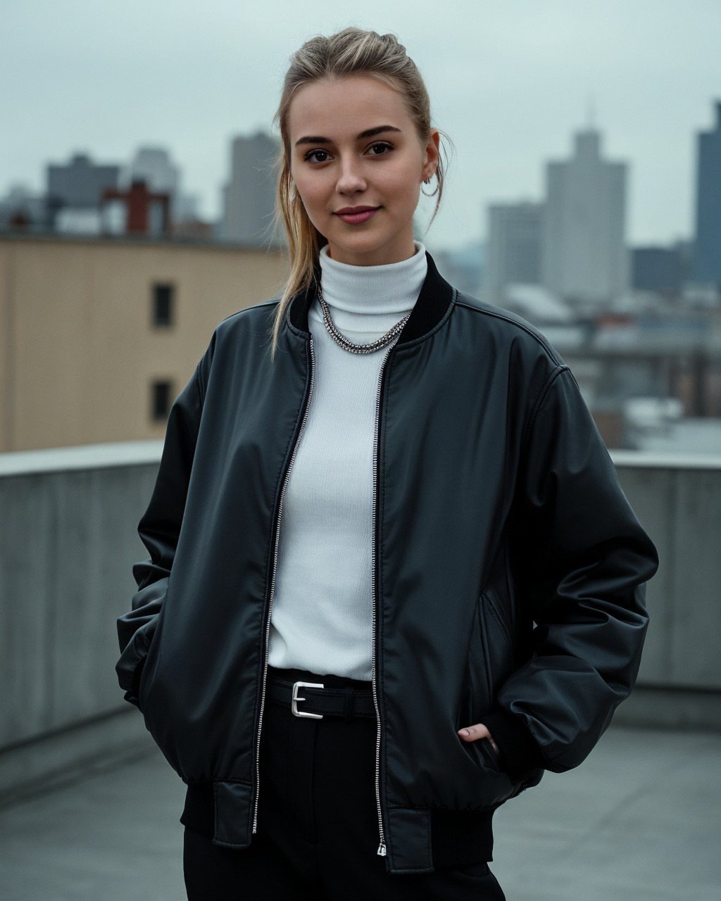 Woman wearing a white turtleneck sweater and black bomber jacket on a rooftop.