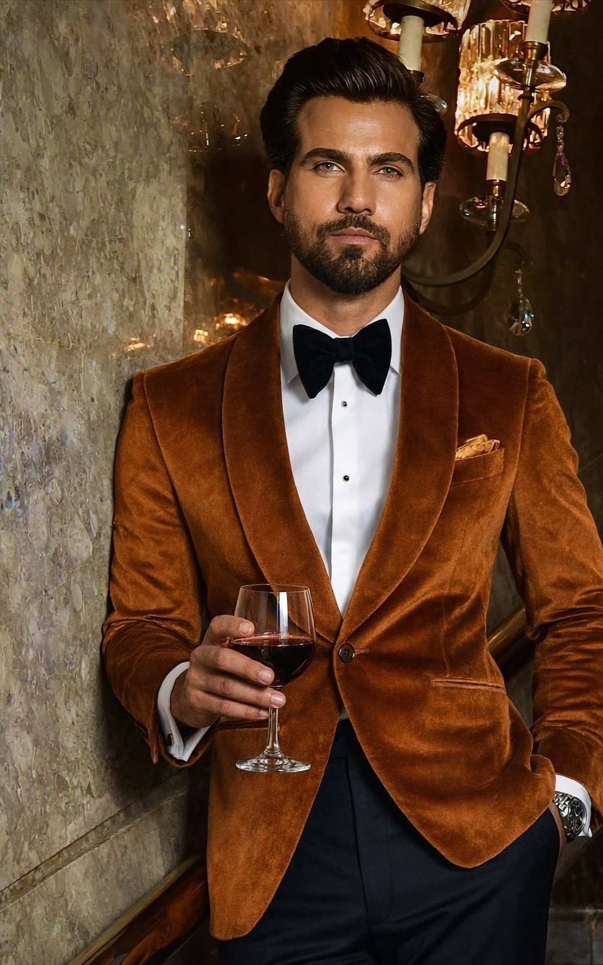Man in brown velvet blazer and bow tie holding a glass of red wine