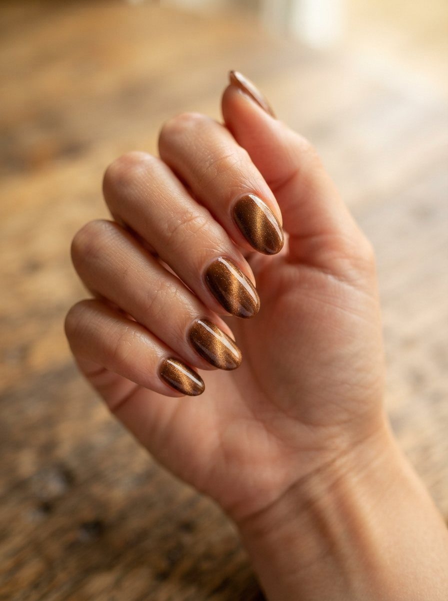 Short oval nails with shimmering metallic bronze cat-eye polish on a hand.