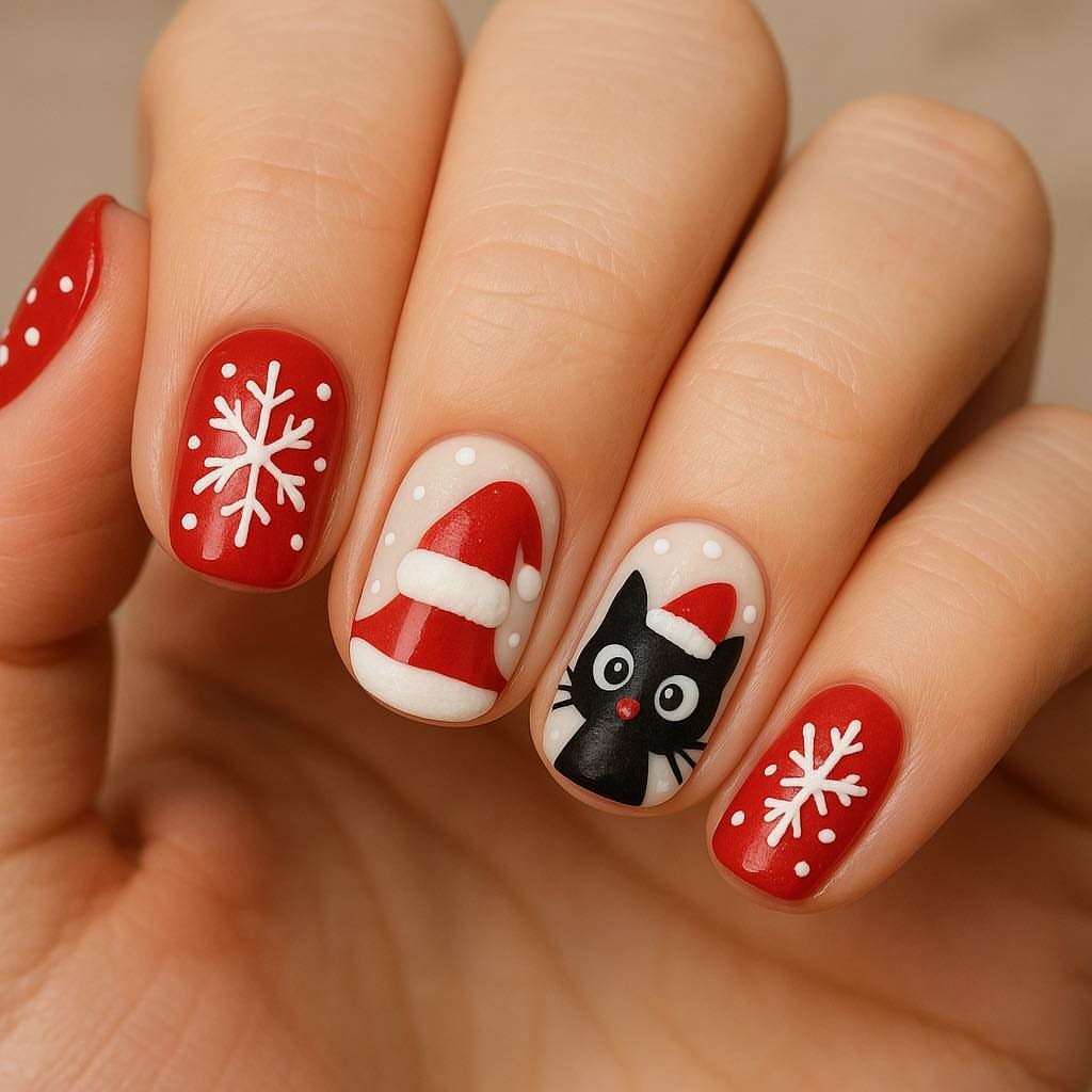 Short nails with red and white Christmas art featuring snowflakes and a Santa cat.