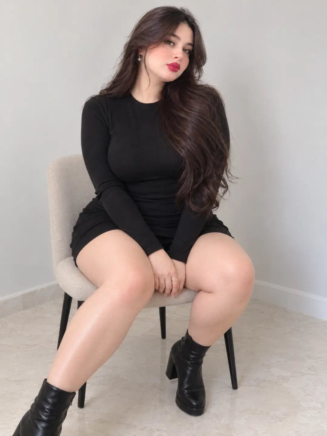 Woman in a long-sleeved black mini dress and black ankle boots sitting on chair