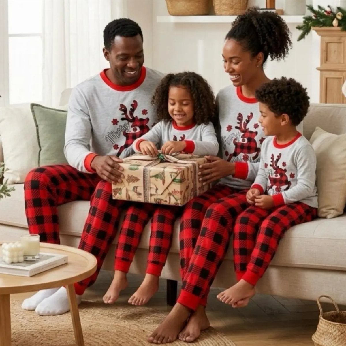 Black family in matching reindeer pajama tops and red plaid pants opening a gift.