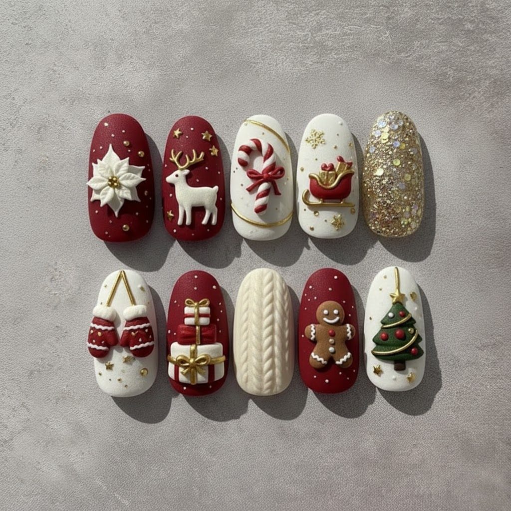 Artificial nails featuring various Christmas icons like a reindeer, gingerbread man, and Christmas tree.