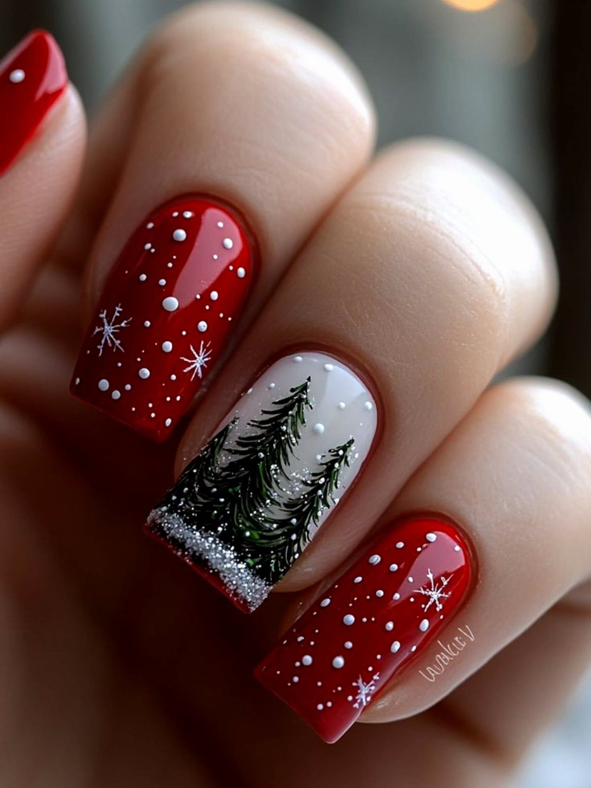 Festive nails featuring red polish with snowflakes and a white nail with pine trees.