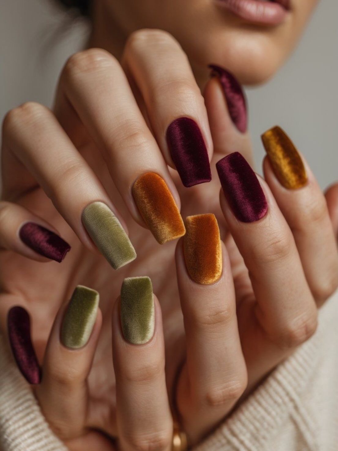 Velvet textured nails in burgundy, olive green, and copper gold on a hand.