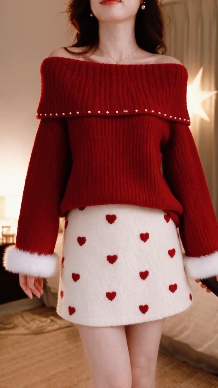 Person wearing a red off-the-shoulder sweater and white heart-patterned skirt for Christmas.