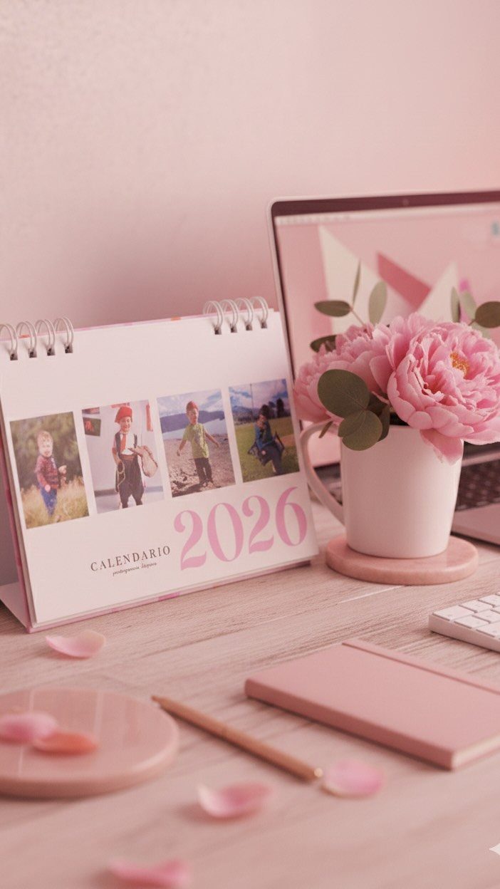Spiral-bound 2026 calendar with family photos on a pink themed desk with flowers.