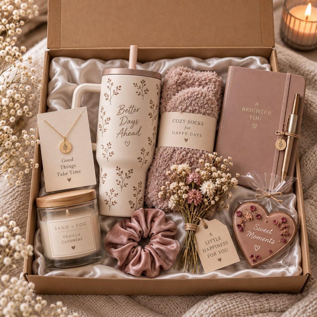 Self-care gift box with tumbler, fuzzy socks, notebook, candle, and jewelry on satin.