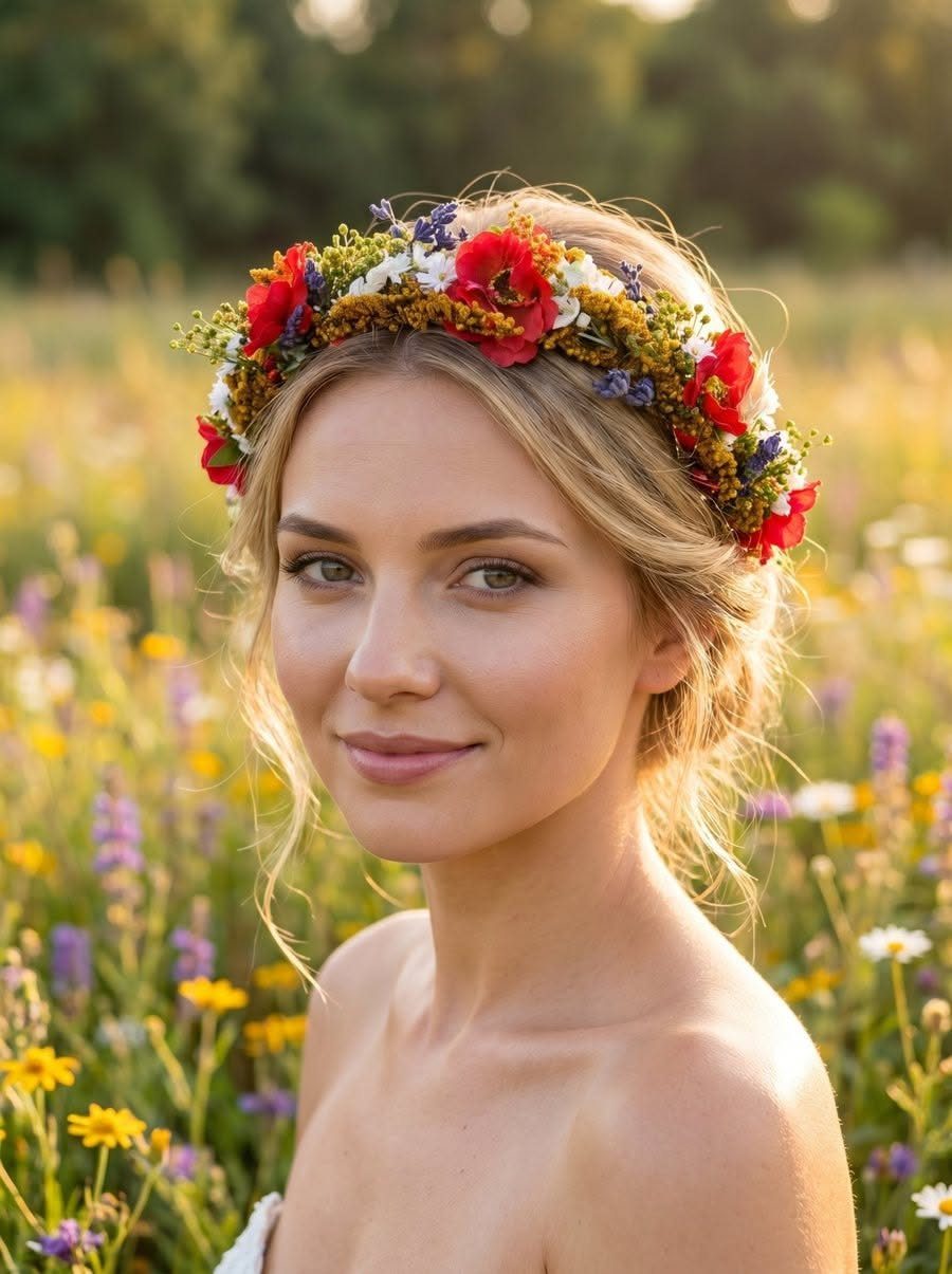 Woman wearing a colorful flower crown posing in a sunny wildflower field.