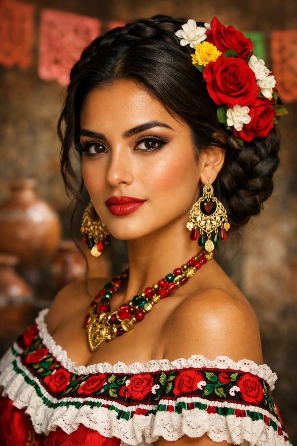 Woman with braided updo decorated with red and white flowers and traditional jewelry
