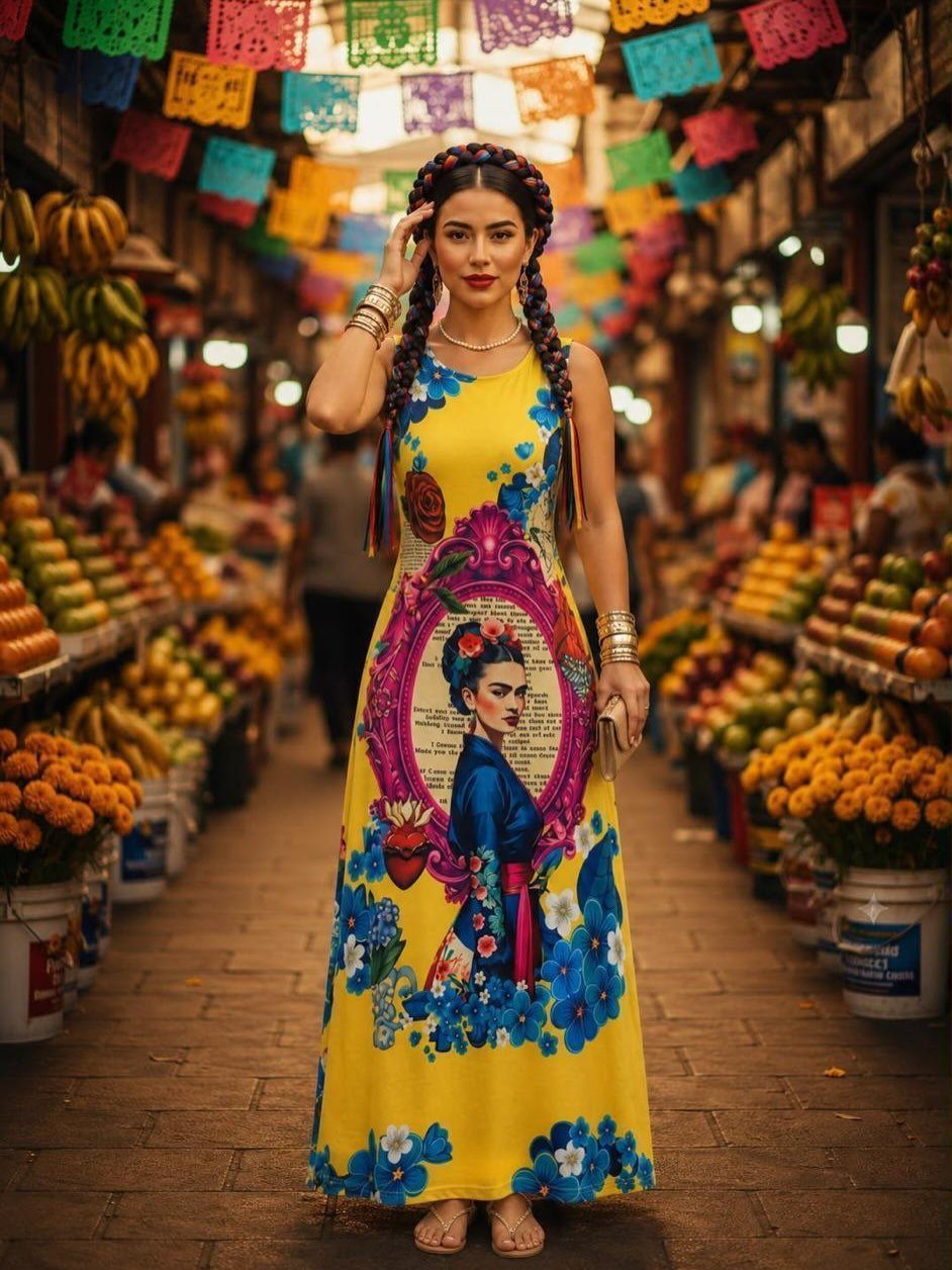 Woman in a yellow Frida Kahlo dress posing in a colorful Mexican market