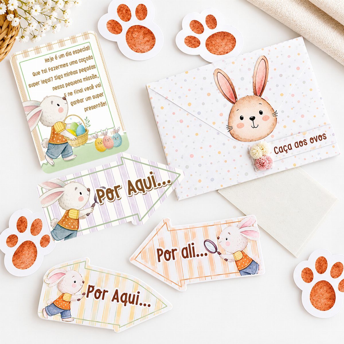 Easter egg hunt kit with bunny arrows, paw prints, and a themed envelope.