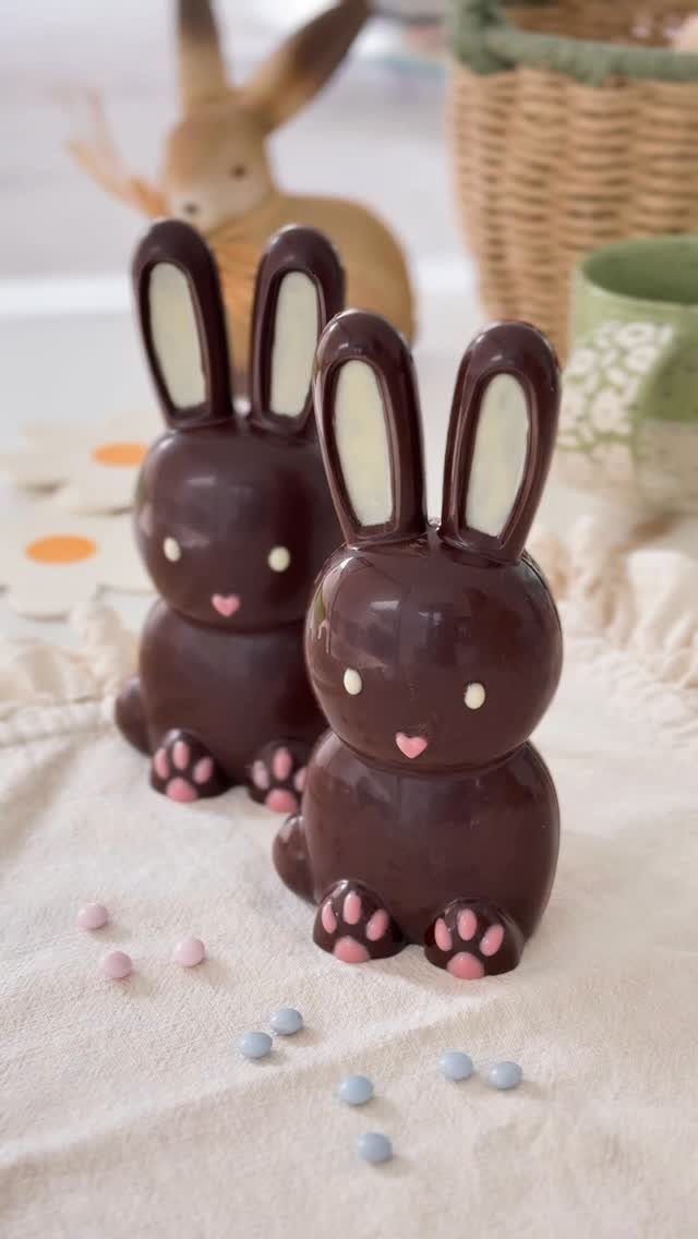 Two glossy dark chocolate bunnies with pink details on a white cloth surface.