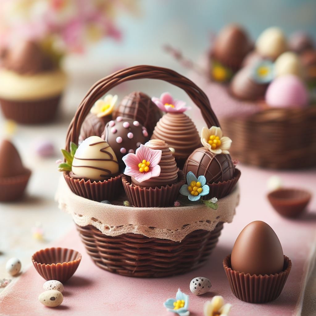 Chocolate eggs decorated with flowers and icing inside a small woven basket.