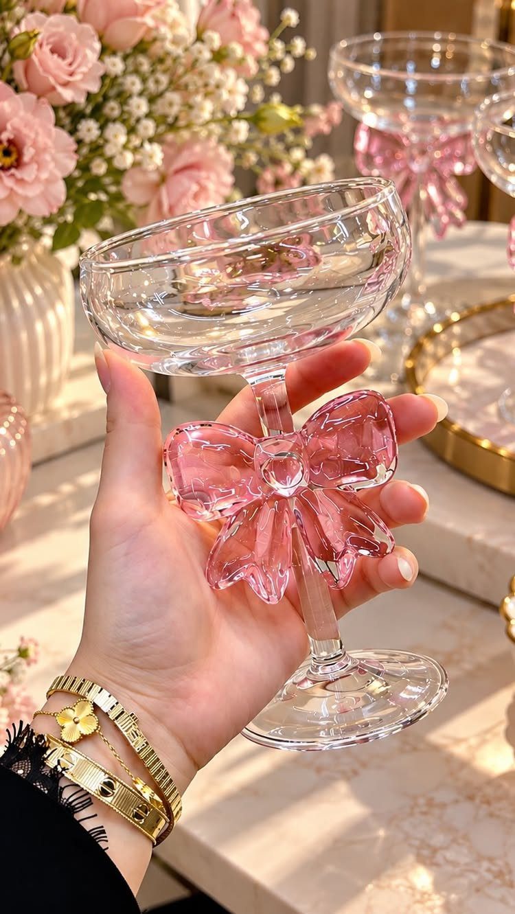 Clear glass coupe with a pink bow on the stem held by hand.