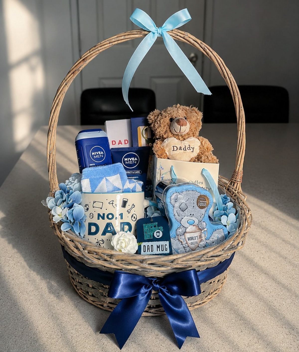 Wicker gift basket for dad with mug, grooming products, and a teddy bear.