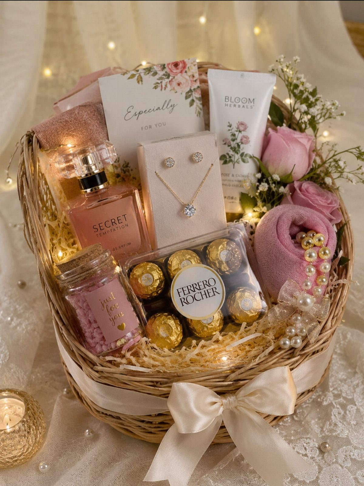 Wicker gift basket containing pink perfume, jewelry, chocolates, and roses with fairy lights.