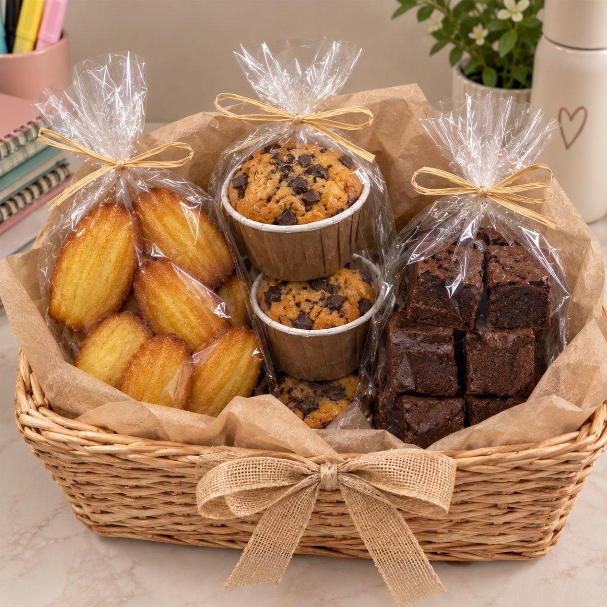 Woven gift basket filled with bagged madeleines, chocolate chip muffins, and brownies.