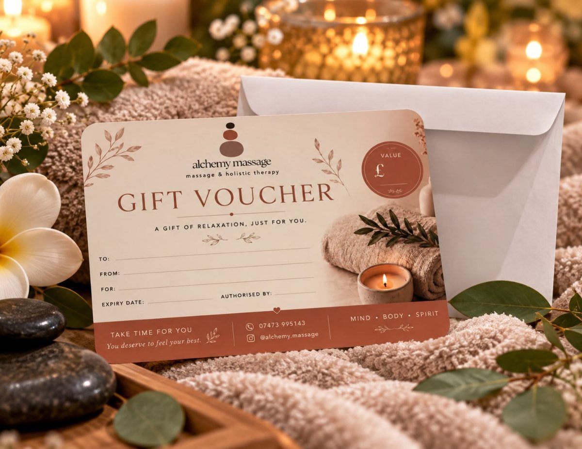Massage gift voucher on a towel with spa stones, candle, and white flower.