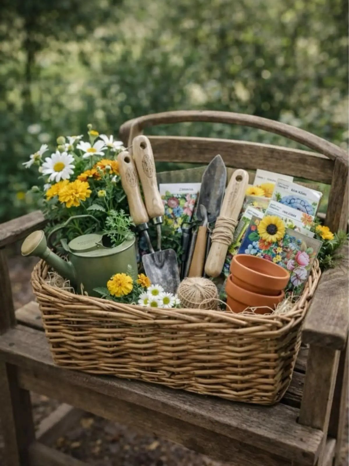 Gardening kit in a wicker basket with tools, seeds, and spring flowers.