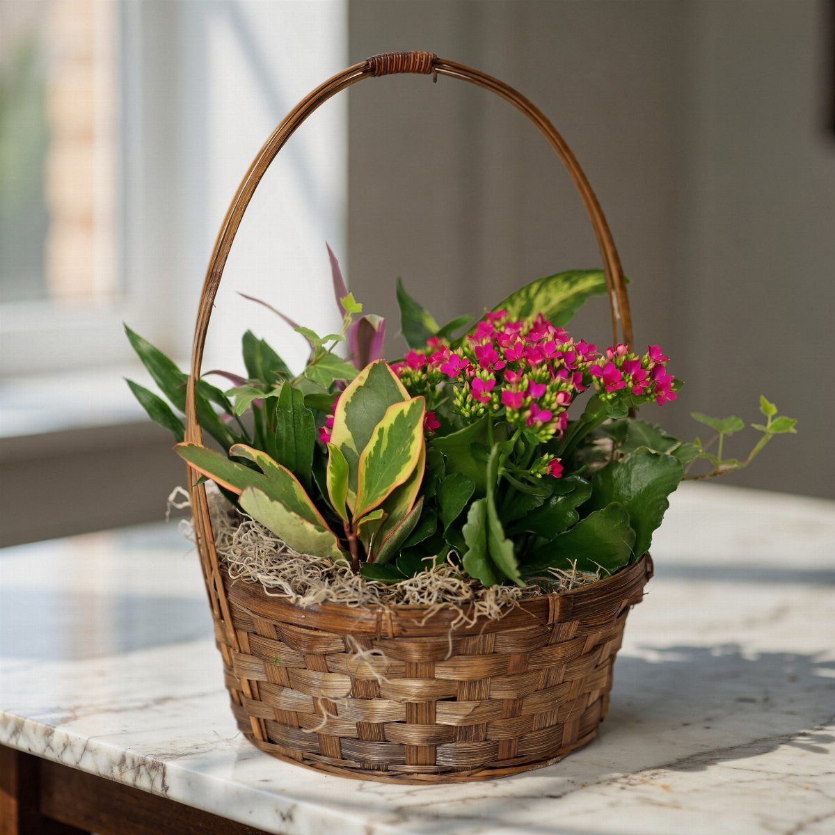 Woven wicker basket containing green indoor plants and vibrant pink flowers on marble.