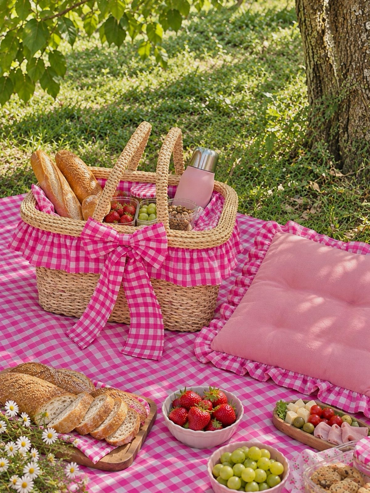 Woven picnic basket with pink gingham bow and food on a matching blanket.