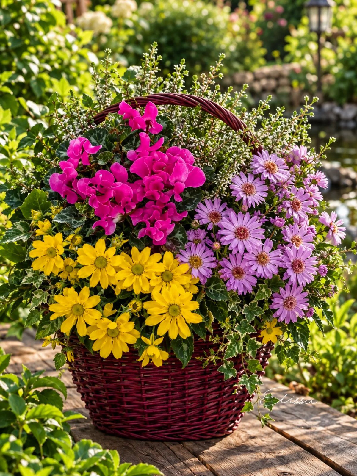 Red woven basket filled with pink, purple, and yellow flowers on wooden deck