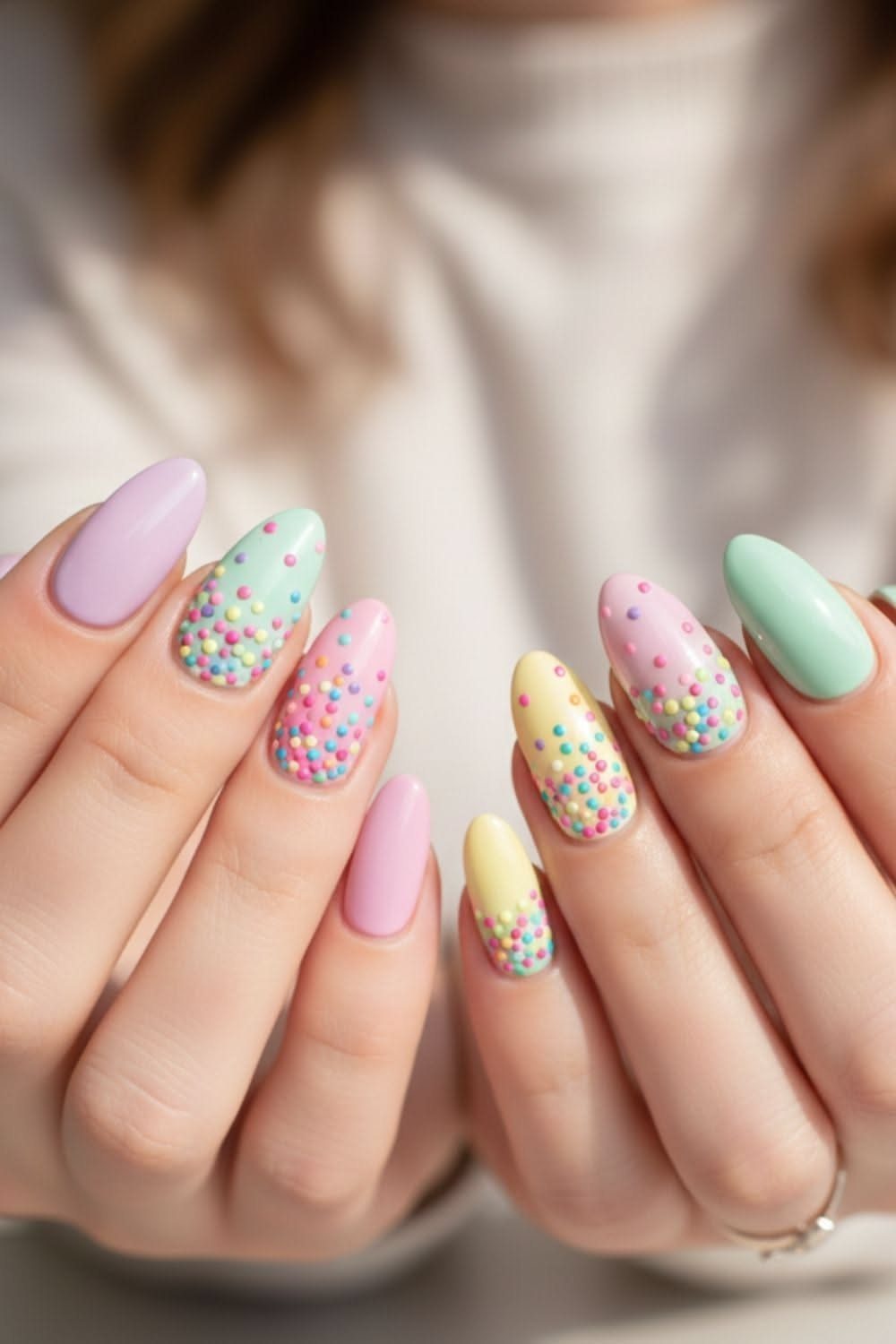 Almond-shaped pastel nails decorated with colorful 3D raised dots on several fingers.
