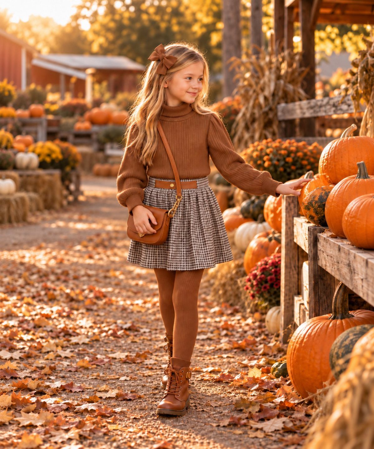 Young girl in brown sweater and plaid skirt standing in a pumpkin patch
