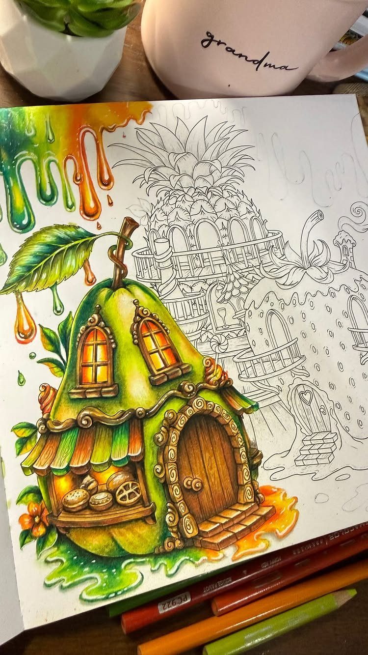 Partially colored pear-shaped house in a coloring book with colored pencils nearby.