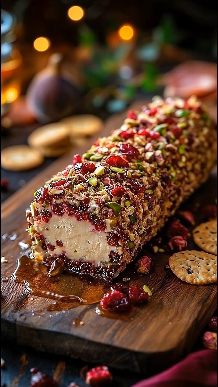 Cheese roll coated in pistachios and cranberries on a wooden board with crackers.