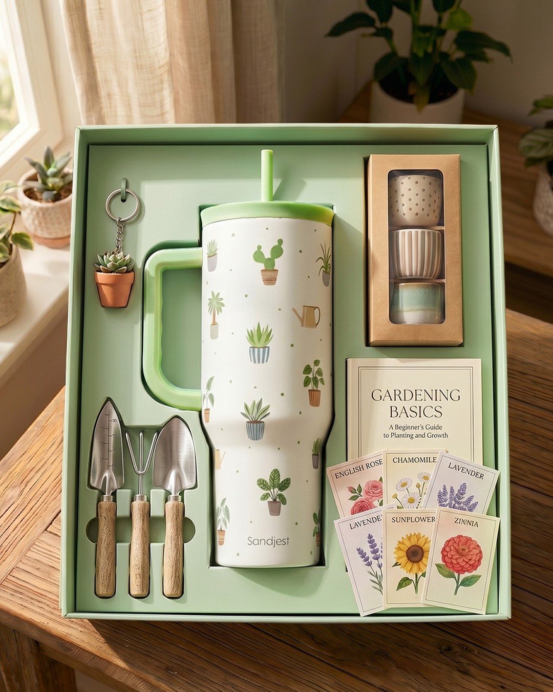 Gardening gift set with a plant-themed tumbler, hand tools, and seed packets.