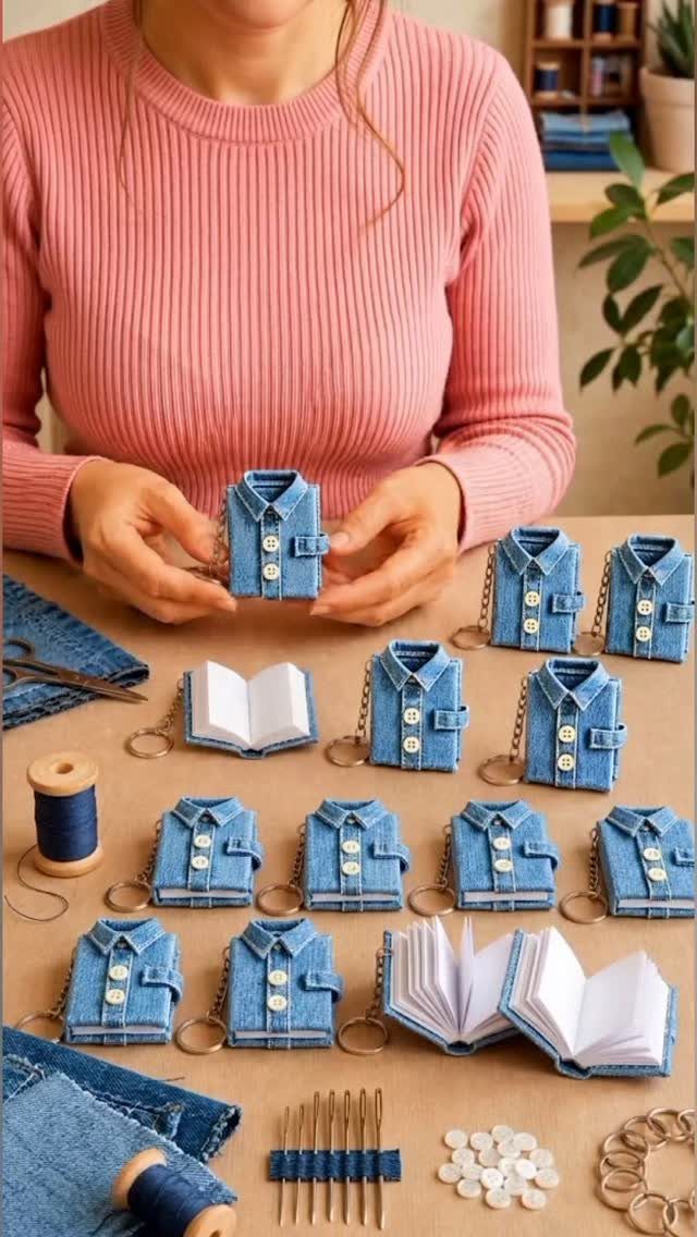 Small denim jacket keychains on a table with sewing supplies and a person.