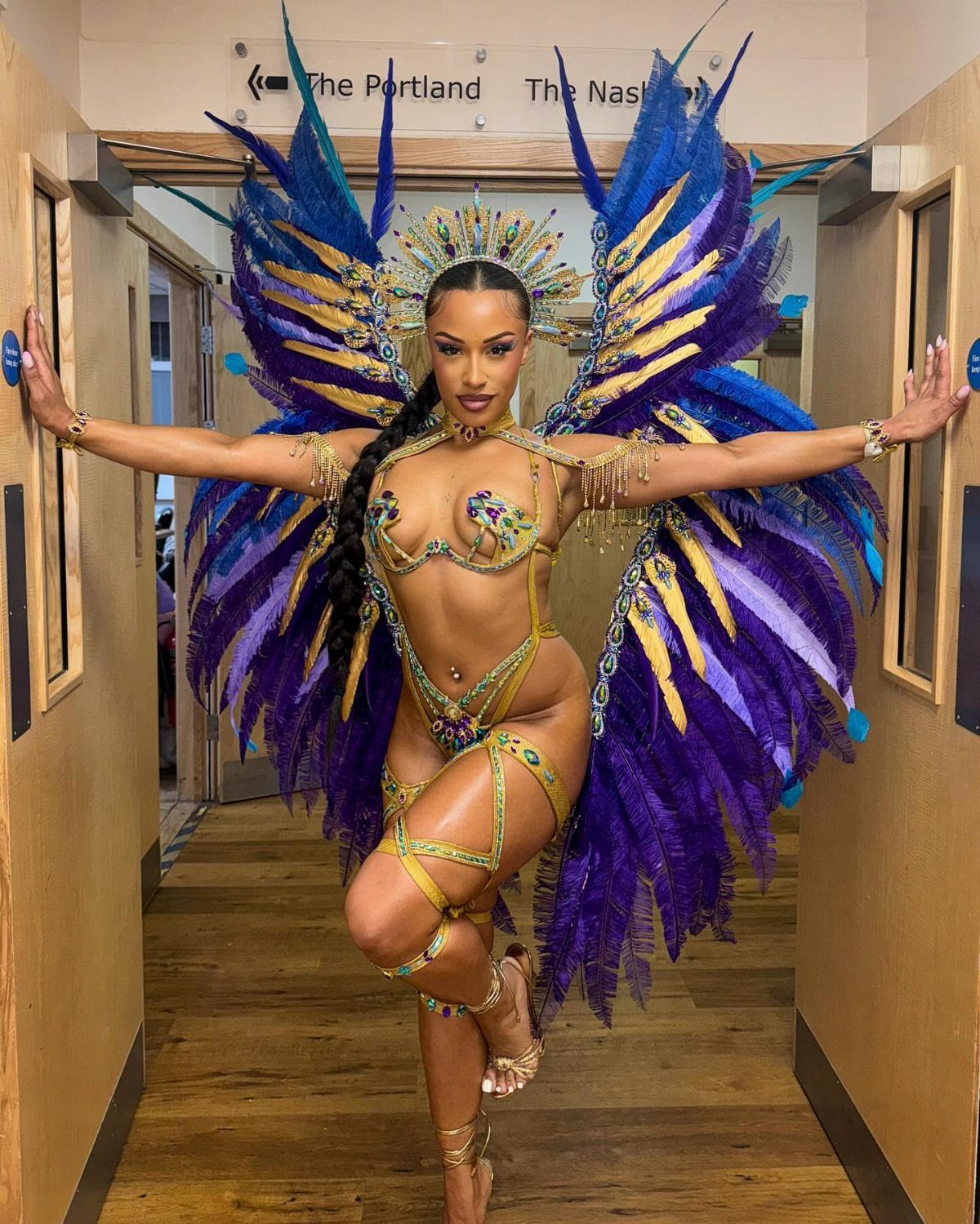 Woman in a gold sequined carnival costume with large purple and blue feathered wings.