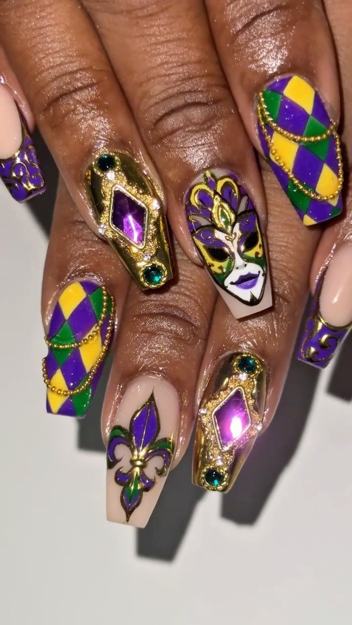 Mardi Gras themed nail art with purple, green, and gold festive designs.