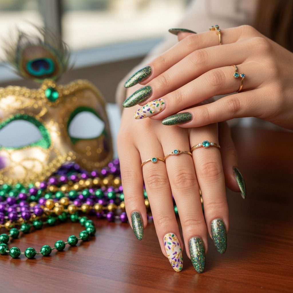 Hands with green glitter and sprinkle nail art next to a masquerade mask.