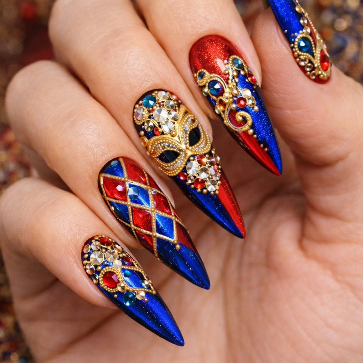 Stiletto nails with royal blue, red, and gold art featuring a jeweled mask.