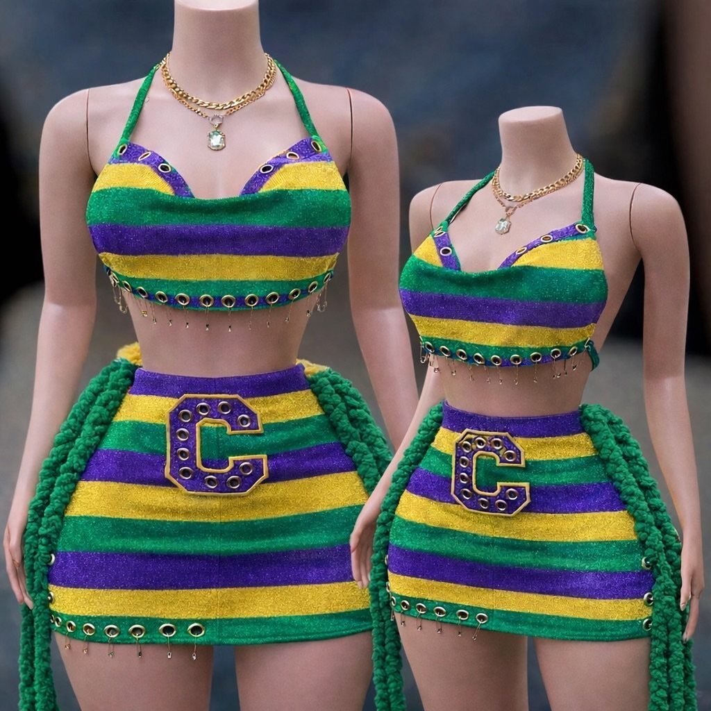 Two mannequins wearing purple, green, and gold striped crop tops and mini skirts.