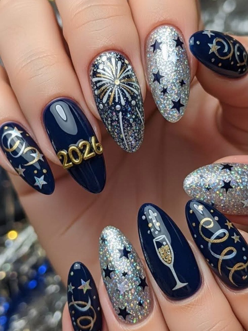 Navy blue and silver glitter nails with fireworks, stars, and champagne glass art.