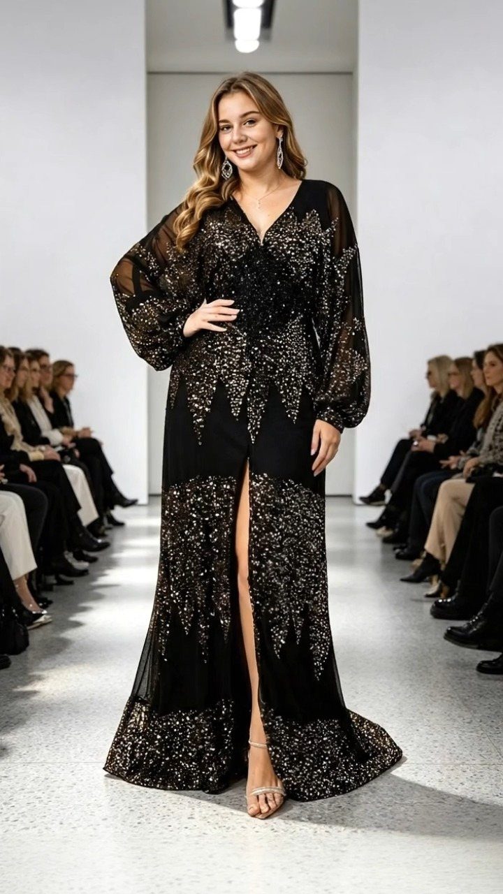 Woman in a black long-sleeve maxi dress with gold sequins on a runway