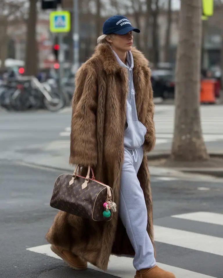 Person in a long brown fur coat and blue sweats walking in city