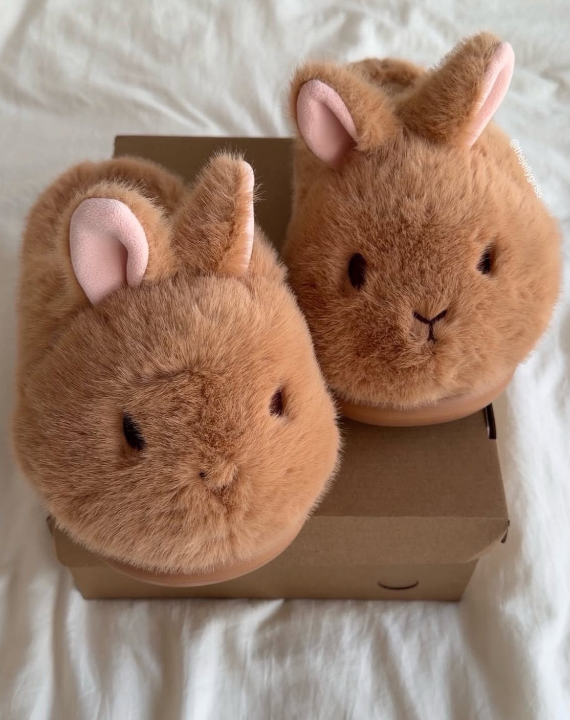 Fuzzy brown bunny slippers resting on a cardboard box over white fabric.